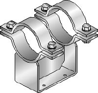 MI-PS 2/2 cauruļu atbalsti Karsti cinkoti (HDG) dubultie cauruļu balsti DN 200-600 cauruļu nostiprināšanai pie MI sijām smagas slodzes konstrukciju gadījumā.