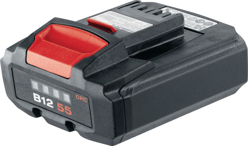 B 12–55 12 V akumulators Kompakts, ietilpīgs 12 V 5,0 Ah litija jonu akumulators ar uzlabotām 21700 šūnām, kas palielina darba apjomu, ko iespējams paveikt ar vienu uzlādi