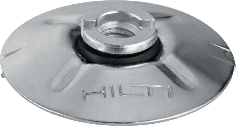 Rievotās plāksnes stiprinājums (ar pārklājumu) X-FCP-F Rievotas plāksnes stiprinājuma disks naglām ar vītni. Piemērots izmantošanai vidēji korozīvā vidē