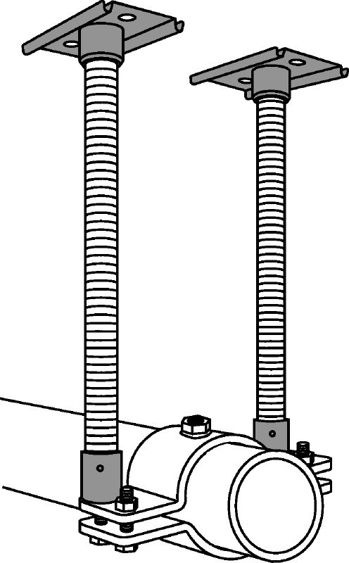 MFP 3a-F nekustīgais balsts Karsti cinkots (HDG) nekustīga balsta komplekts, kas paredzēts maksimālai elastībai konstrukcijās ar caurules ass slodzi līdz 6 kN