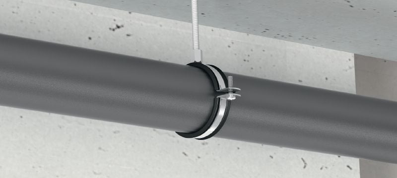MP-PI cauruļu skava (ar skaņas izolāciju) Mazai slodzei paredzēta standarta cinkota cauruļu skava ar skaņas izolāciju Pielietojumi 1