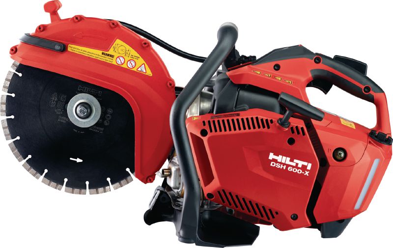 DSH 600-X spēka zāģis (300 mm) Kompakts benzīnzāģis (63 cc) ar augšpusē izvietotu rokturi un asmens bremzi – betona, mūra un metāla zāģēšanai līdz pat 120 mm dziļumā, izmantojot 300 mm griešanas diskus
