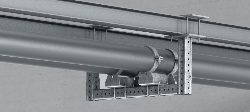 MI-PS 2/2 cauruļu atbalsti Karsti cinkoti (HDG) dubultie cauruļu balsti DN 200-600 cauruļu nostiprināšanai pie MI sijām smagas slodzes konstrukciju gadījumā. Pielietojumi 1