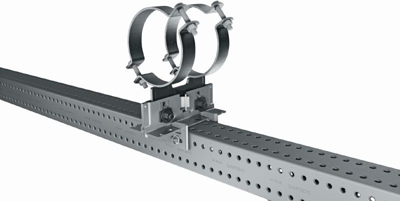MP-PS 2-2 caurules atbalsts Regulējami divkārši caurules atbalsti ar pārklājumu, kas paredzēts ārpus telpām; paredzēti 21–328 mm (1/2 to 12) diametra cauruļu stiprināšanai pie dažādiem pamatmateriāliem vidēji korozīvā vidē