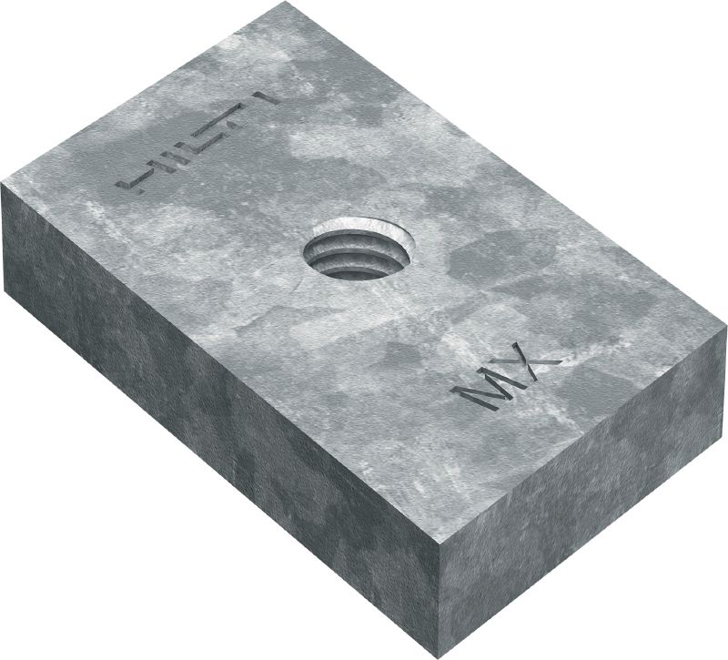 MT-FP statņa plāksne ar vītni Fiksācijas plāksne ar vītņotu caurumu materiāla piestiprināšanai pie statņa tipa kanāliem, paredzēta izmantošanai ārpus telpām ar zemu piesārņojumu
