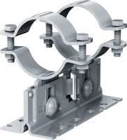 MP-PS 2-2 caurules atbalsts Regulējami divkārši caurules atbalsti ar pārklājumu, kas paredzēts ārpus telpām; paredzēti 21–328 mm (1/2 to 12) diametra cauruļu stiprināšanai pie dažādiem pamatmateriāliem vidēji korozīvā vidē