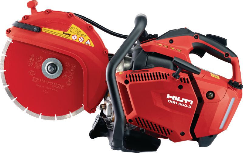 DSH 600-X spēka zāģis (300 mm) Kompakts benzīnzāģis (63 cc) ar augšpusē izvietotu rokturi un asmens bremzi – betona, mūra un metāla zāģēšanai līdz pat 120 mm dziļumā, izmantojot 300 mm griešanas diskus