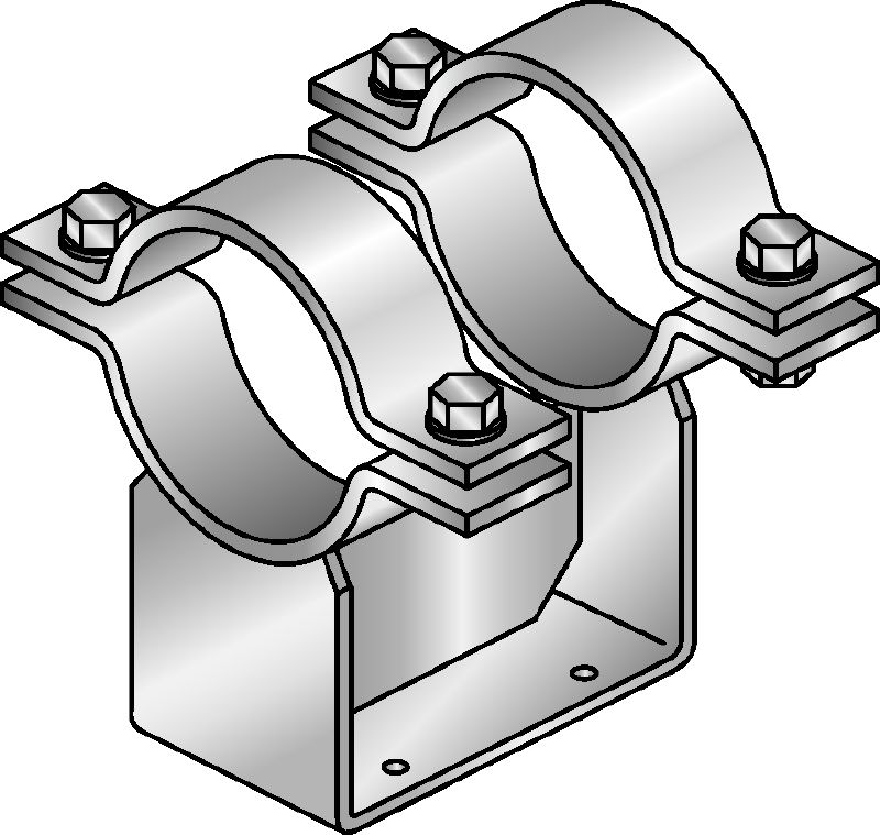 MI-PS 2/2 cauruļu atbalsti Karsti cinkoti (HDG) dubultie cauruļu balsti DN 200-600 cauruļu nostiprināšanai pie MI sijām smagas slodzes konstrukciju gadījumā.