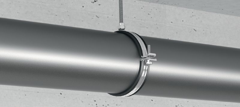 MPN-G ātri aizverama cauruļu skava (zems berzes līmenis) Sevišķas kvalitātes, ātri aizverama augstas kvalitātes cinkota cauruļu skava plastmasas cauruļu konstrukcijām Pielietojumi 1