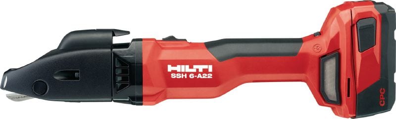 SSH 6-A22 akumulatora dubultas griešanas šķēres Akumulatora metāla šķēres jebkāda veida ātriem, taisniem vai izliektiem griezumiem slokšņu metālā, spirālveida gaisa vados un citos ikdienā lietotos metāla izstrādājumos ar biezumu līdz pat 2,5 mm (12 Ga)