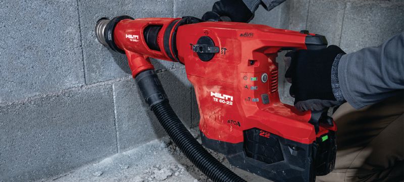 Akumulatora perforators TE 60-22 Akumulatora SDS Max (TE-Y) perforators ar aktīvo vibrācijas samazināšanas sistēmu un aktīvo griezes momenta kontroles sistēmu lielas slodzes betona urbšanas un kalšanas darbiem (Nuron akumulatoru platforma) Pielietojumi 1
