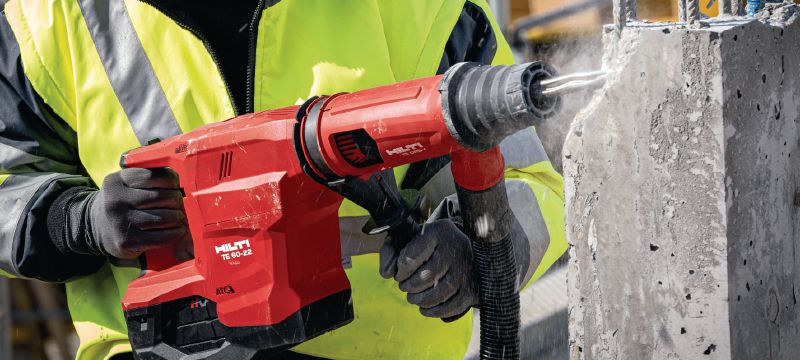 Akumulatora perforators TE 60-22 Akumulatora SDS Max (TE-Y) perforators ar aktīvo vibrācijas samazināšanas sistēmu un aktīvo griezes momenta kontroles sistēmu lielas slodzes betona urbšanas un kalšanas darbiem (Nuron akumulatoru platforma) Pielietojumi 1