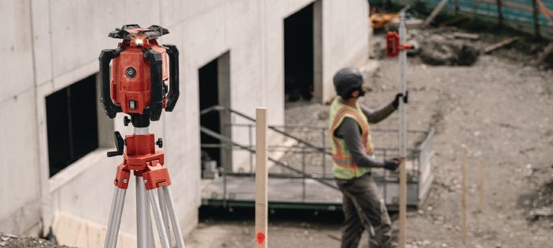 PR 400-22 dubults slīpuma rotācijas lāzera līmenis Izturīgs ārējais rotējošais lāzera līmenis ar automātiskām funkcijām liela attāluma nivelēšanai, līmeņošanai, kvadrātošanai un dubultā slīpuma veidošanai (Nuron akumulatoru platforma) Pielietojumi 1
