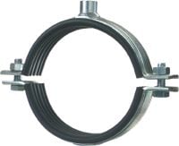 MP-MXI īpaši lielai slodzei piemērota cauruļu skava (ar skaņas izolāciju) Sevišķi lielai slodzei paredzēta (metriskā) augstas kvalitātes cinkota cauruļu skava, ar skaņas izolācijas ieklājumu